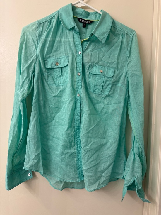 Express Tops - Express Turquoise Button-Up Shirt with Chest Pockets